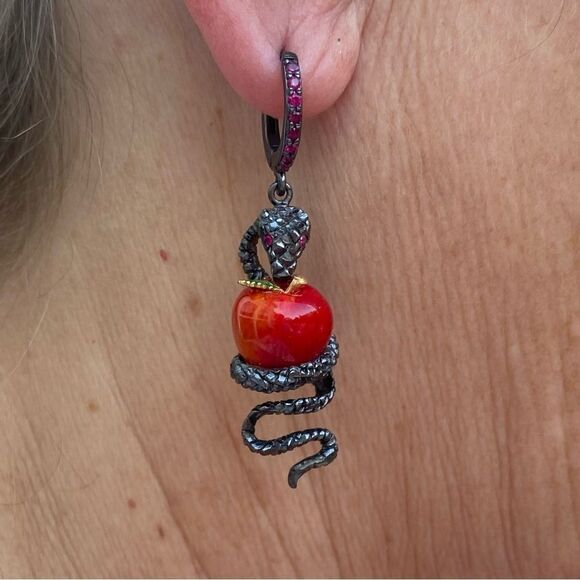 First People First Gun Metal Snake & Red Forbidden Apple Earrings. NWOT - Picture 9 of 9